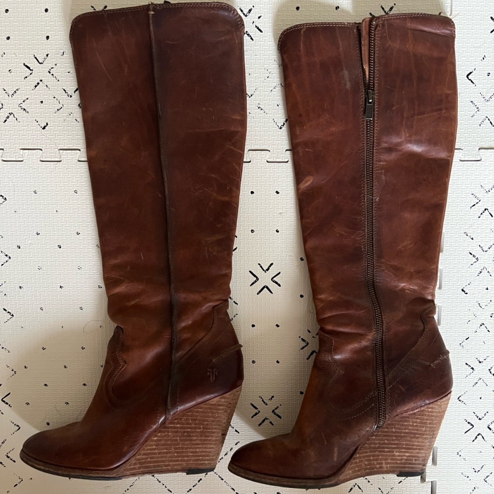 FRYE Cece Wedge knee-high, brown leather boots